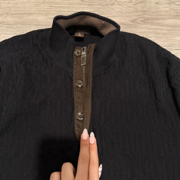 Tasso Elba Mens Elbow Patch 1/4 Button Mock Neck Black Knit Sweater XL Preppy - Picture 4 of 7